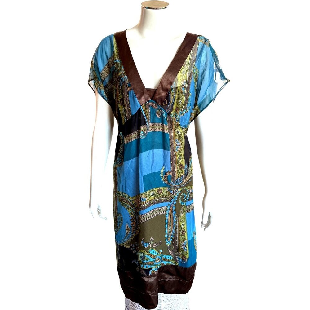 Breakin Loose Size 14 Blue Brown Paisley Dress Sheer Chiffon Glamcore Resortcore - Picture 2 of 10